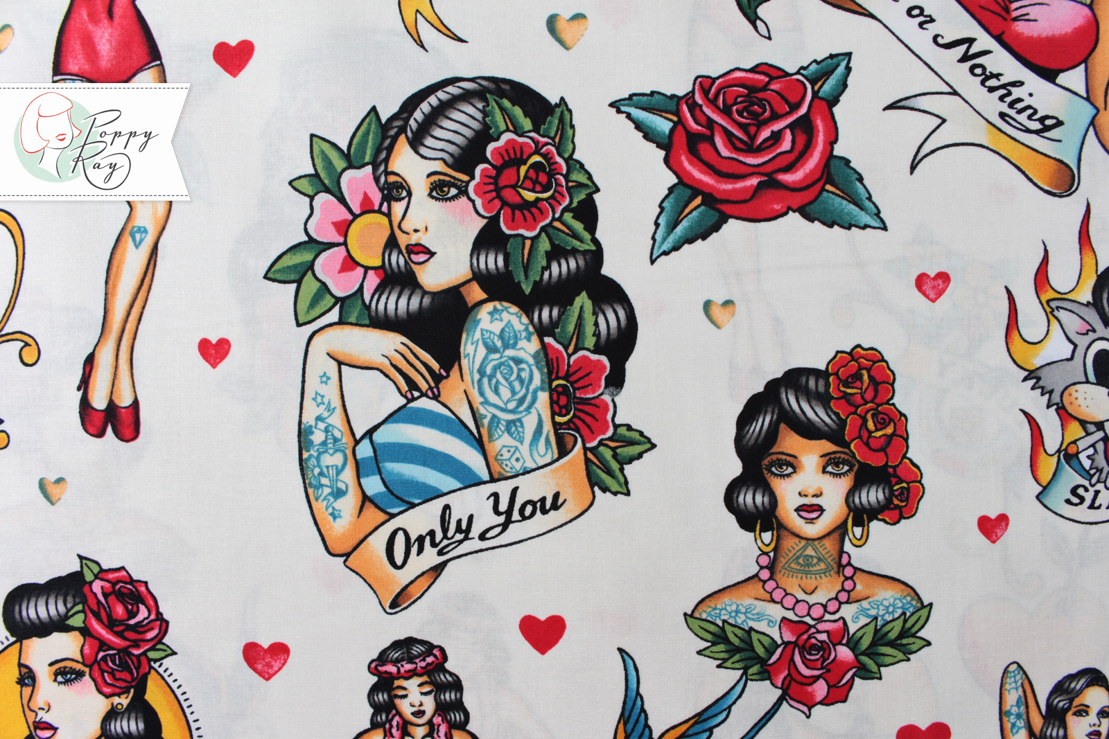 Alexander Henry fabric Pin Up Tattoo Oldschool cotton Don't gamble with  love - Poppy Ray